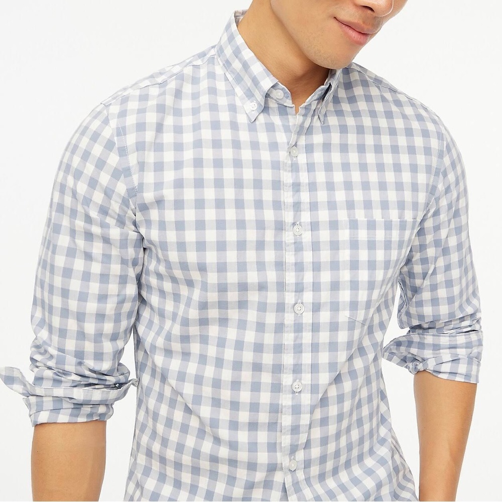 J Crew White & Light Blue Gingham Check Shirt, Size Medium